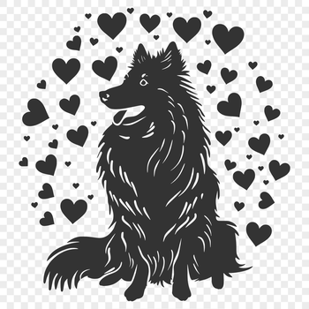 A full-body illustration of a Shetland Sheepdog sitting on its haunches, with hearts surrounding it.