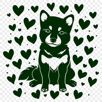 A full-body illustration of a sitting Shiba Inu with heart symbols.