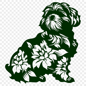 A full-body illustration of a seated Shih Tzu with a subtle floral pattern in the background.
