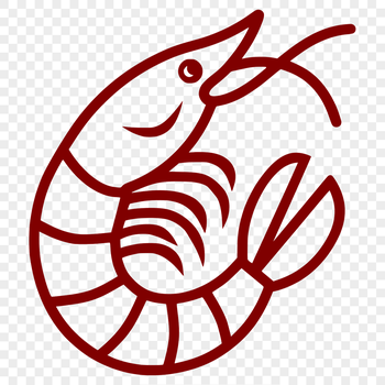 A simple line drawing of a shrimp from the side, showcasing its full body.