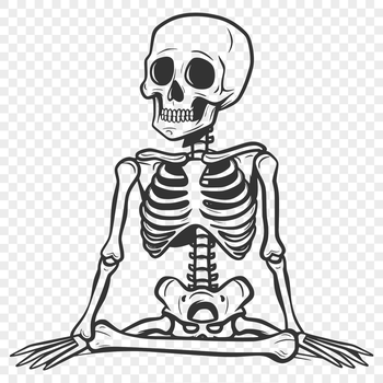 A full-body skeleton in a witch's hat and cape, surrounded by spooky elements, perfect for vector art designs.