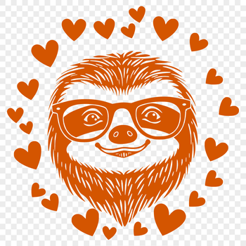 An illustration of a sloth's head with love hearts surrounding it.