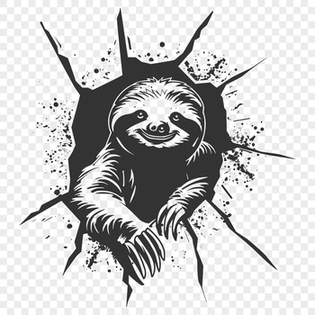 A hand-drawn illustration of a sloth hanging from a tree branch.