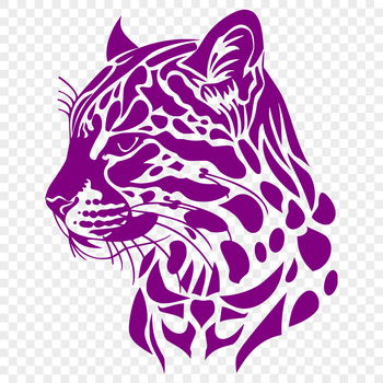A close-up illustration of an ocelot's head with distinctive markings and fur texture.