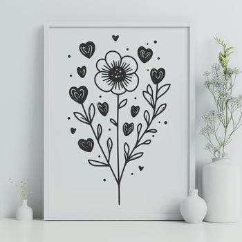 A vector graphic design featuring a stylized depiction of a single blooming wild flower, adorned with heart symbols.