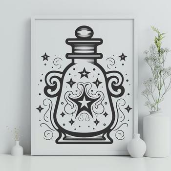 A vector illustration of a witch's potion bottle and various magical items in a gothic-style setting.