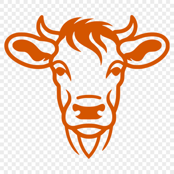 A stylized illustration of a cow's head with detailed features.