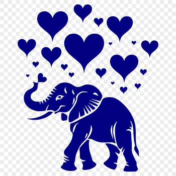 A large elephant standing upright on four legs, surrounded by stylized love hearts.