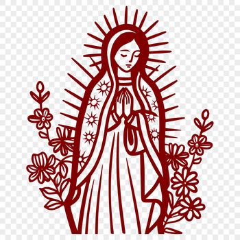 A traditional illustration of the Virgin Mary surrounded by ornate floral patterns.