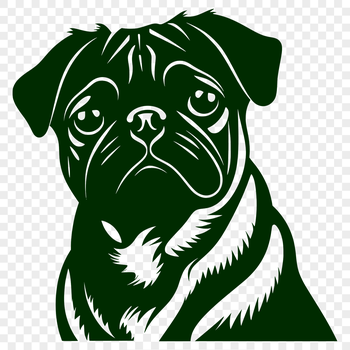 A close-up illustration of a pug's adorable head with wrinkled skin and floppy ears.