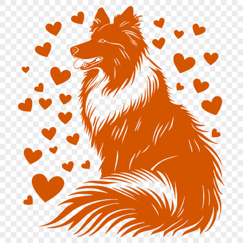 A full-body illustration of a sitting Shetland sheepdog with heart symbols surrounding its body.