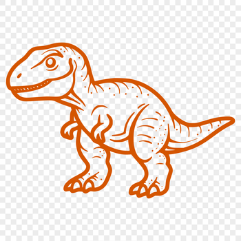 A full-body illustration of a baby Tyrannosaurus Rex dinosaur in a prehistoric setting.