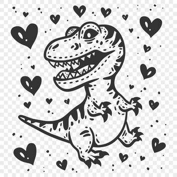 A full-body illustration of a baby Tyrannosaurus Rex with love hearts surrounding its body.