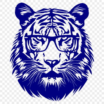A large cat's head with glasses worn on its nose, created as a vector graphic.