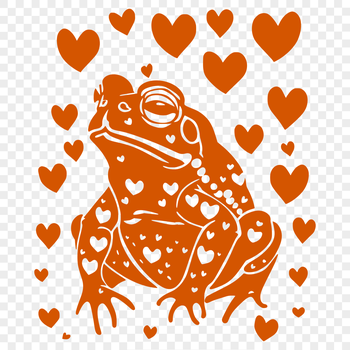 A detailed illustration of a toad, depicted in a full-body pose, with decorative love hearts surrounding the animal.