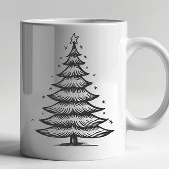 A festive illustration of a green Christmas tree with decorated ornaments.
