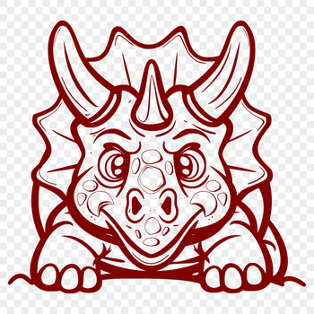 A prehistoric Triceratops baby peeking out from behind its mother's head.