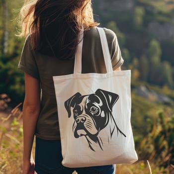 A detailed illustration of a boxer dog's head with prominent facial features and fur details.
