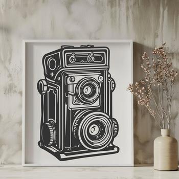 A modern camera design composed of geometric lines and forms.