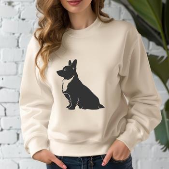 Vector graphic design featuring a corgi in a seated position.