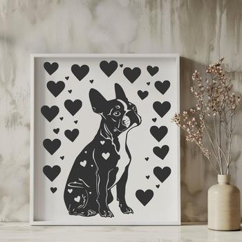 Close-up illustration of a sitting Boston Terrier dog with heart symbols surrounding its body.