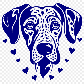 Large breed dog illustration with love hearts surrounding its head.