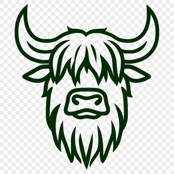 An illustration of a Highland Cow's head with distinctive horns.