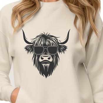 A detailed illustration of a Highland Cow's head with distinctive horns and facial features.