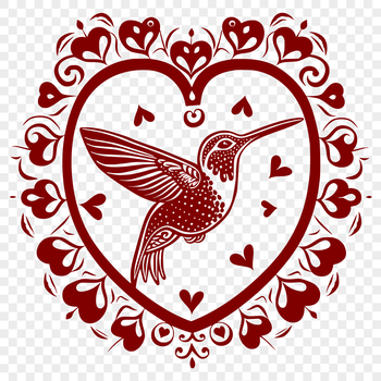 A colorful hummingbird in full body pose, flying with love hearts on its feathers, suitable for vector art designs.