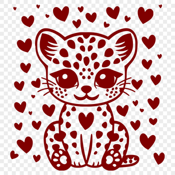 A full-body illustration of a big cat with hearts surrounding its body.