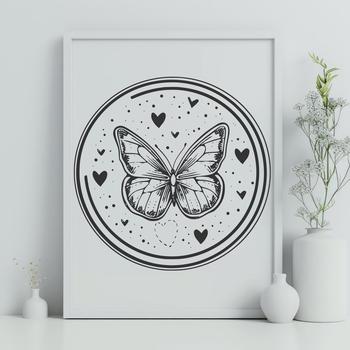 A colorful illustration of a full-body insect with love hearts on its wings.