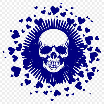 A stylized illustration of a skull decorated with heart shapes, suitable for tattoo design or stencil purposes.