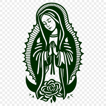 A detailed illustration of the Virgin Mary in ornate attire, surrounded by floral patterns.