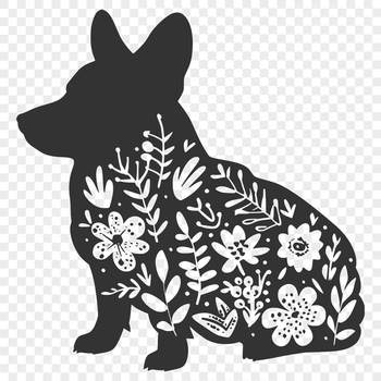 A sitting Welsh Corgi with a subtle floral pattern in the background.