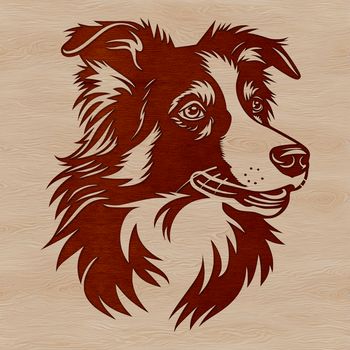An illustration of a head-on view of a fluffy Australian Shepherd dog breed.