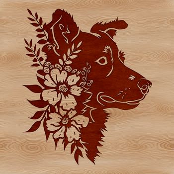 A portrait of a fluffy Australian Shepherd dog with a floral pattern in the background.