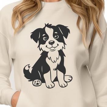 A close-up illustration of a sitting Australian Shepherd dog with a friendly expression.