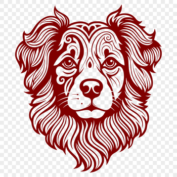 A detailed illustration of a dog's head with distinctive markings, featuring a breed-specific muzzle and ears.
