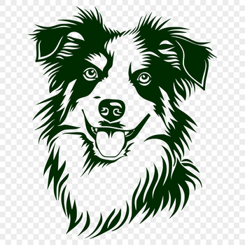 A detailed illustration of a dog's head with distinctive markings and facial features.