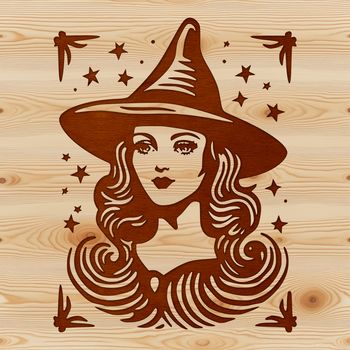 A witch's head silhouette with a pointed hat and mysterious gaze, set against a dark background.