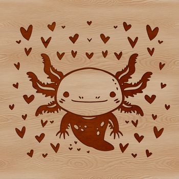 A digital illustration of a smiling axolotl salamander with love hearts surrounding its face.