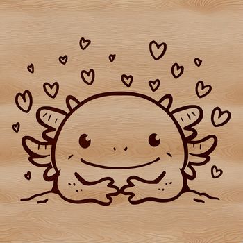 A cartoon axolotl salamander peeking out from behind a heart, suitable for personal use.
