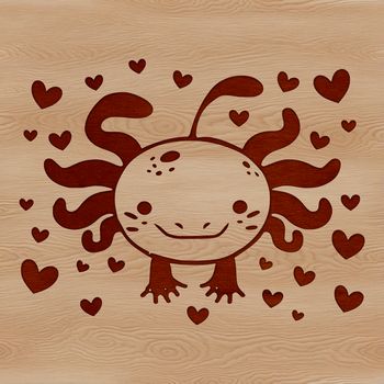 An Axolotl salamander with love hearts surrounding its head.
