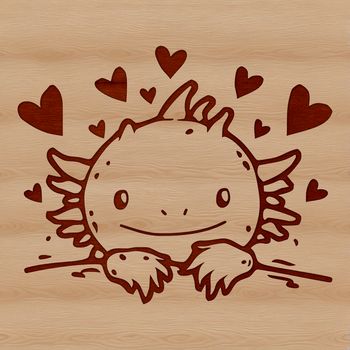 An axolotl salamander peeking out from behind a heart, suitable for vector art and design projects.
