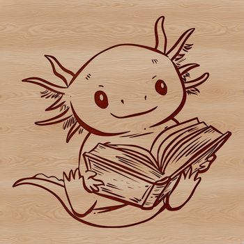 A digital illustration of a salamander species called axolotl sitting on its hind legs holding a book.