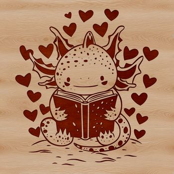 A cute Axolotl salamander is sitting on a pile of books, surrounded by love hearts.