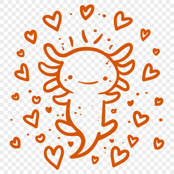 An illustration of a full-body axolotl with love hearts surrounding it.