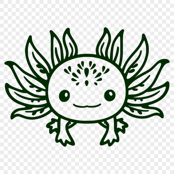 A detailed illustration of an axolotl's head from a front-facing perspective.