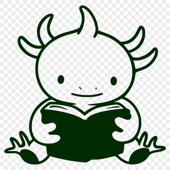 A stylized illustration of a smiling axolotl holding a book in its front paws.