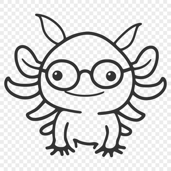 A simple line drawing of a sitting axolotl wearing glasses, depicted in full body.